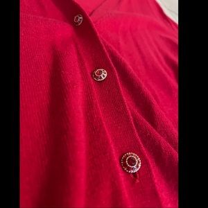 Red Cardigan with red buttons and gold accent